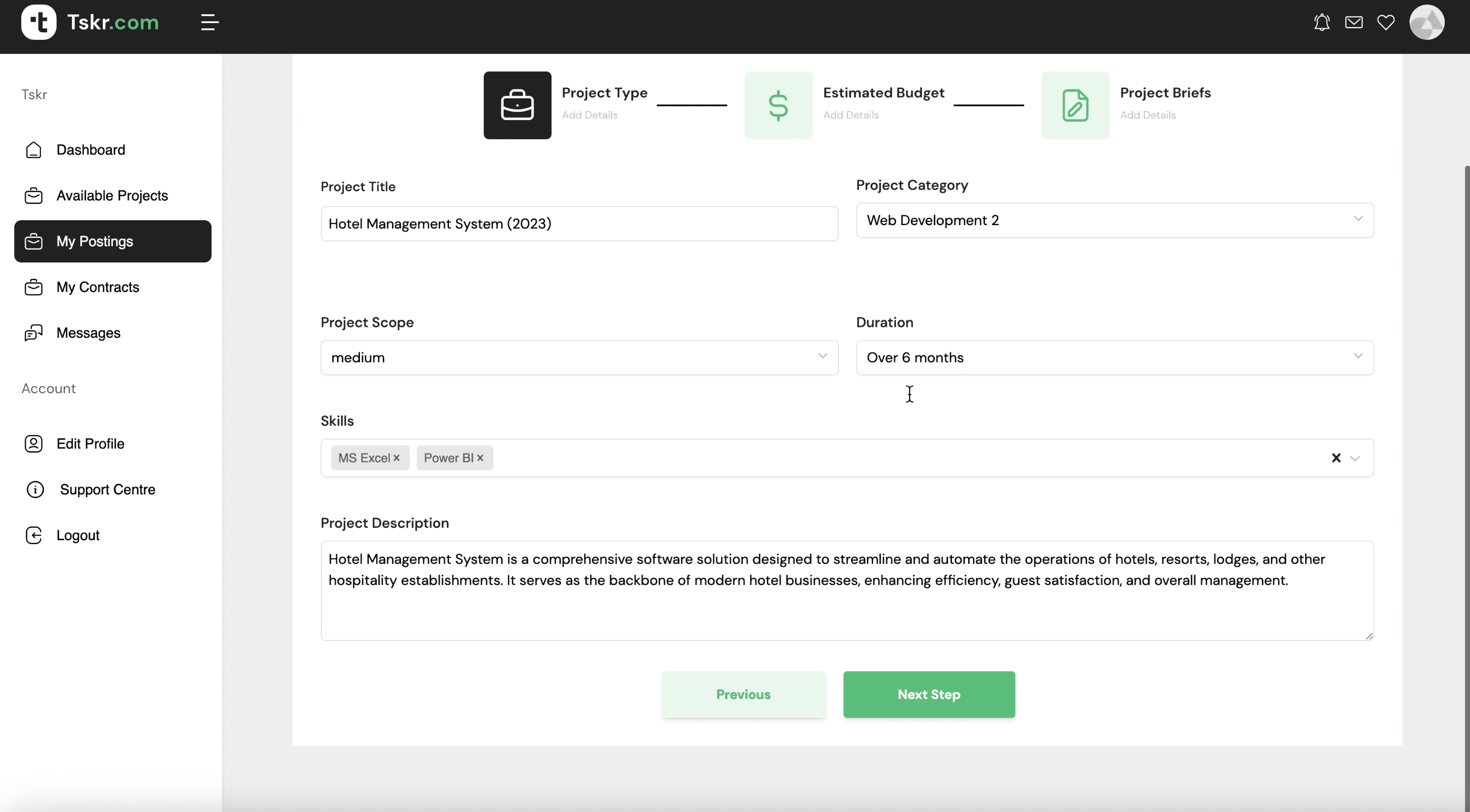 Client job posting creation interface